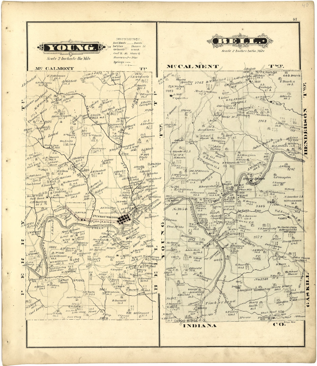 Detailiertes altes Stadtplan von Young, Indiana, mit Straßen, Gebäuden und Sehenswürdigkeiten.