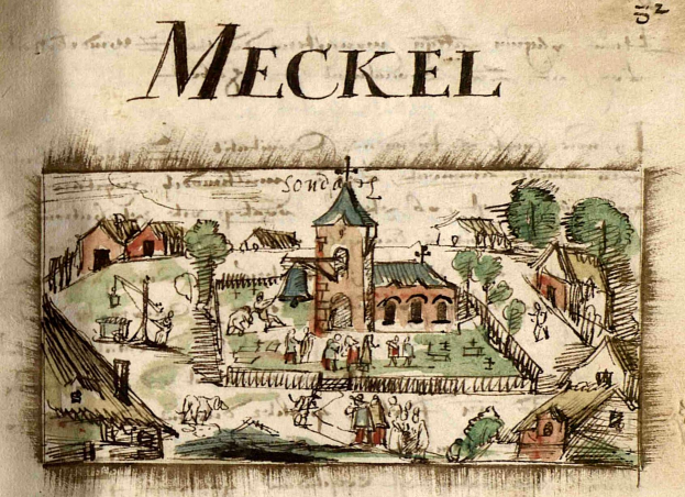 Ein altes Buch mit einer Zeichnung einer mittelalterlichen Stadt mit Häusern, Bäumen und Menschen, begleitet von erklärendem Text.